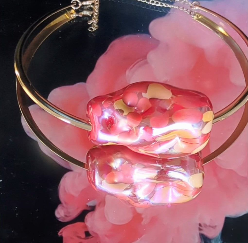 Pink Hand-Blown Glass Balloon Necklace with Gold Collar – Artisan Elegance