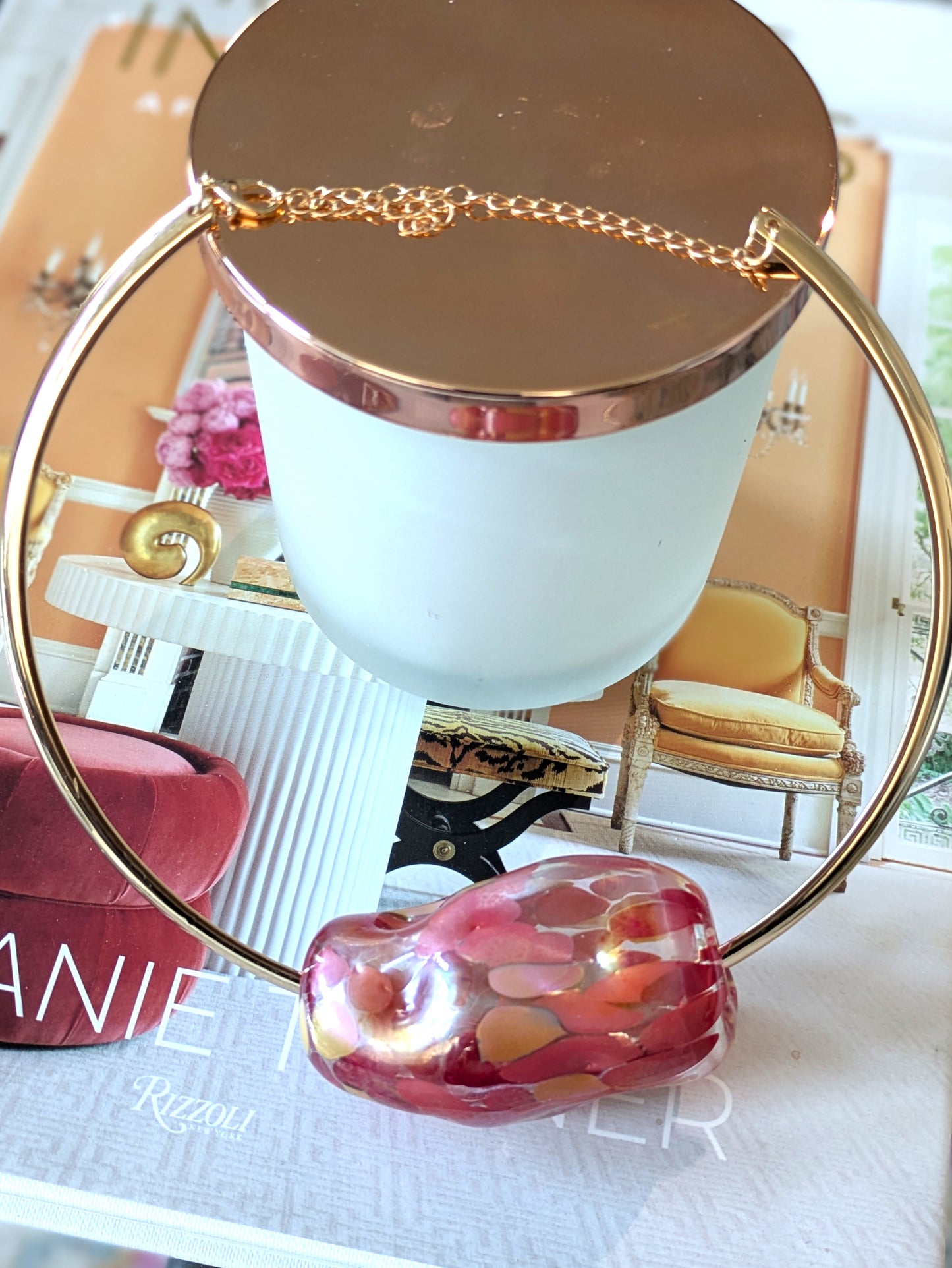 Pink Hand-Blown Glass Balloon Necklace with Gold Collar – Artisan Elegance